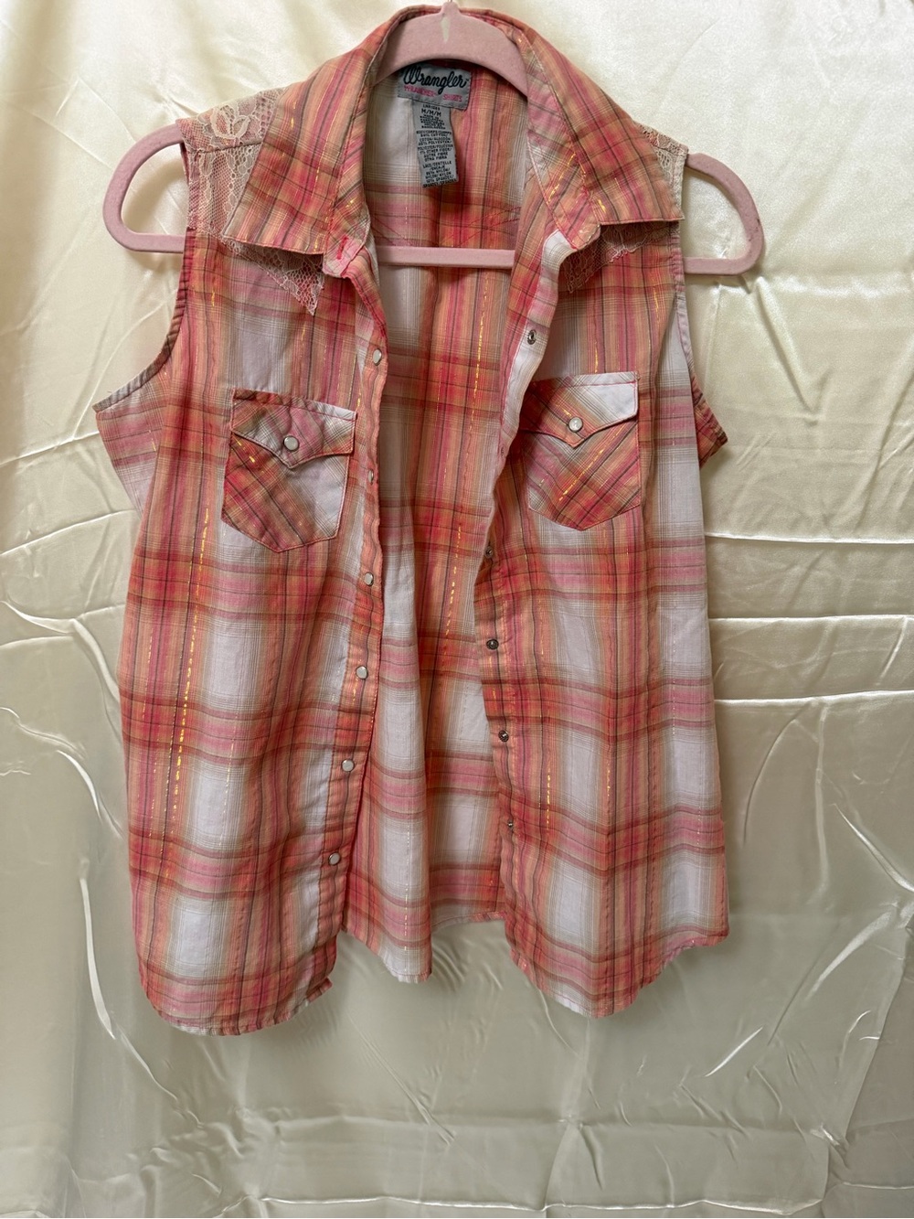 Wrangler Western Sleeveless Plaid Snap Shirt Lace Yoke Pink Medium